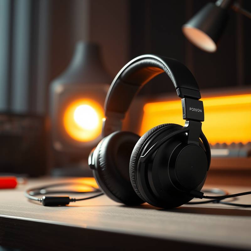 Fones de ouvido profissionais em uma mesa de estúdio.