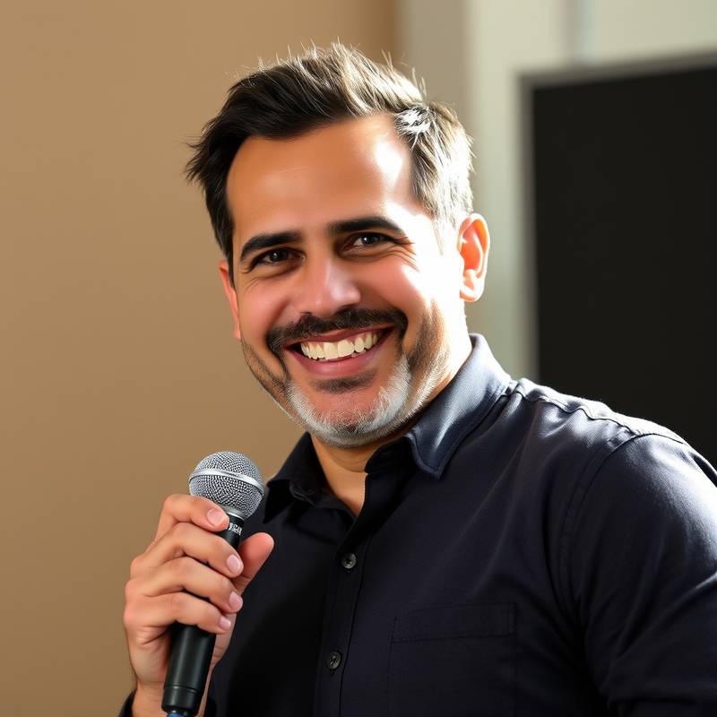 Foto do instrutor, Ricardo Oliveira, sorrindo e segurando um microfone.