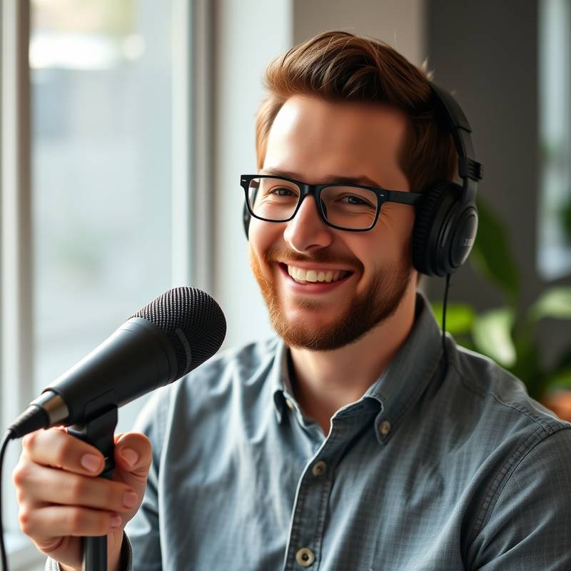 Instrutor especialista em podcasts, sorrindo e segurando um microfone.